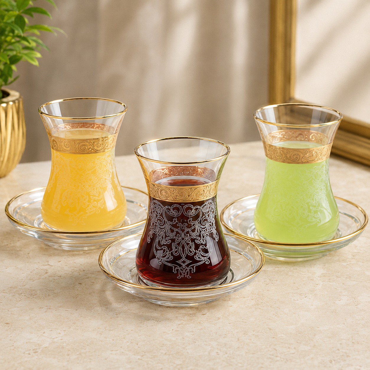 Vissmarta Vintage Turkish Tea Glasses Cups Saucers Set of 6